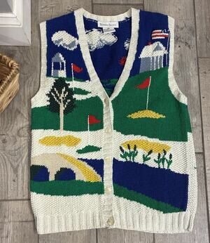 Vintage Robert Scott Golf Novelty Knit Sweater Vest Women’s M Cottagecore